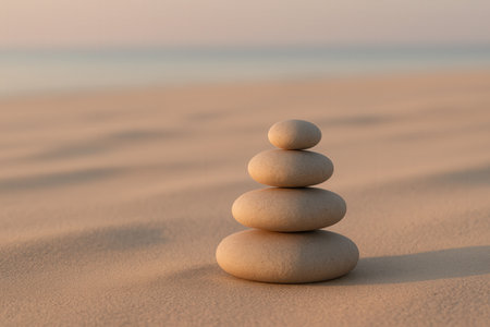 zen stones in the sand on the beach at sunsetの素材