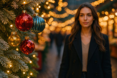 Beautiful young woman in a black coat is standing near a Christmas tree.の素材