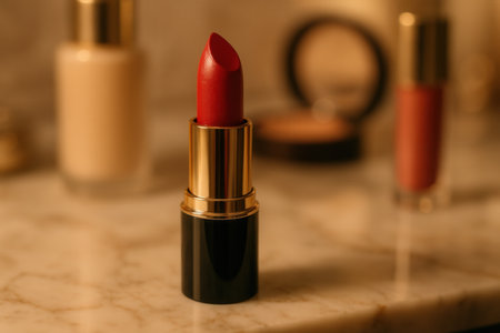 Red lipstickle table in bathroom, closeup. Cosmetic productsの素材