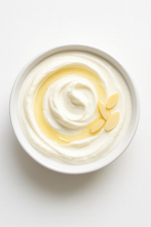 Creamy yogurt in a bowl on a white background, top viewの素材