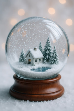Snow globe with Christmas tree and house on snow in front of bokeh backgroundの素材