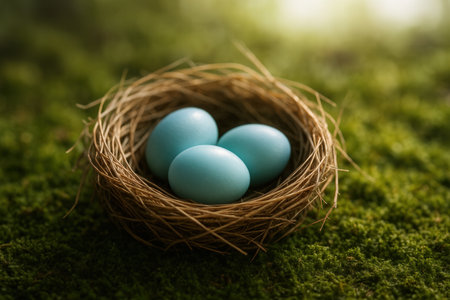 Blue easter eggs in nest on green grass background. Easter conceptの素材