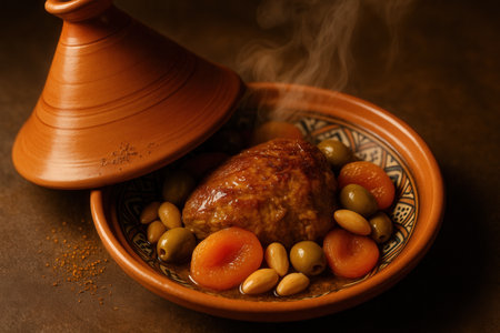 Traditional moroccan dish with meat and vegetables on a brown backgroundの素材