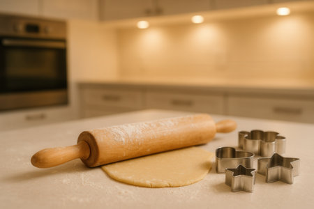 rolling pin and cookie cutters on a table in a modern kitchenの素材