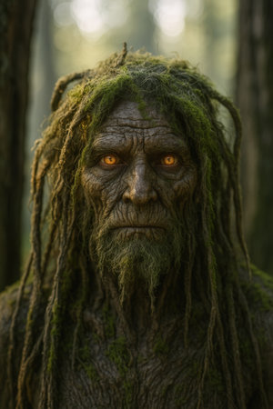 Scary old man with green moss on his face in the forestの素材
