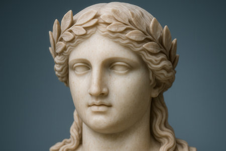 Close up of the head of an antique statue of a woman.の素材