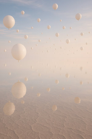 White balloons floating in the blue skyの素材