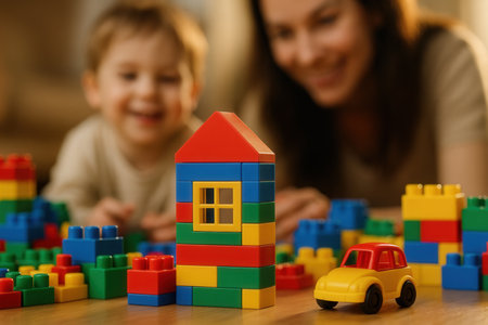 Close-up of little boy and his mother playing with building blocks at homeの素材