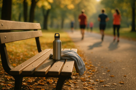 fitness, sport, training and lifestyle concept - group of people with bottle of water resting on bench in parkの素材