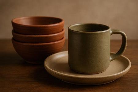 Coffee cup and saucer on wooden table, stock photoの素材
