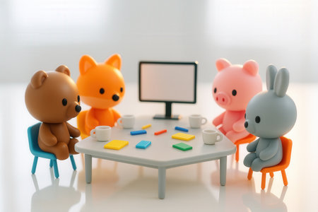 group of animal play with computer on table and white wall backgroundの素材
