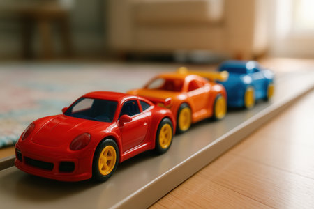 Toy cars on a table in the living roomの素材