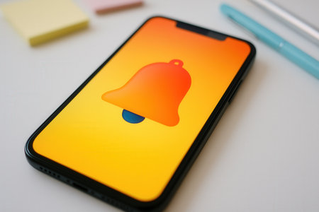 Smartphone With Notification Bell Icon On Bright Orange Screenの素材