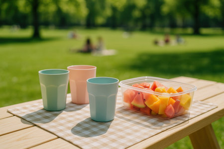 Plastic cups with watermelon and mango slices on wooden table in parkの素材