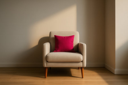 Comfortable armchair with red pillow on the floor in the roomの素材
