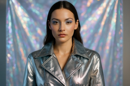 Portrait of a beautiful young brunette woman in a silver jacketの素材