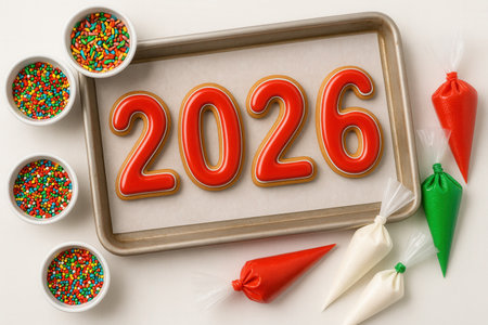 Happy new year 2026 written in red on a white background with candyの素材