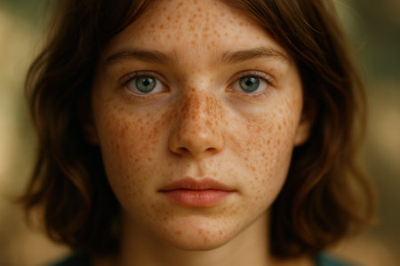 Portrait of a young girl with freckles on her faceの素材