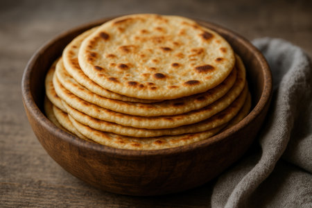 Traditional indian flatbread in wooden bowl on rustic background.の素材