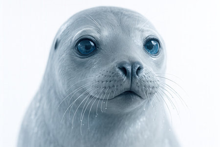 Cute baby seal with blue eyes looking at camera on white backgroundの素材