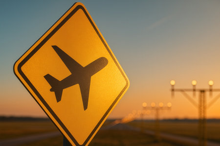 Airplane sign on the airport runway at sunset. Travel concept.の素材
