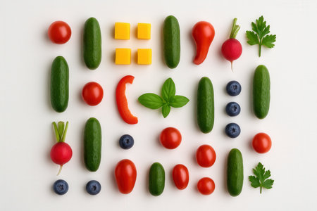 Fresh vegetables on white background, top view. Healthy food concept.の素材