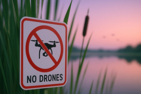 No drones sign on the lake with green grass and sunset background.の素材
