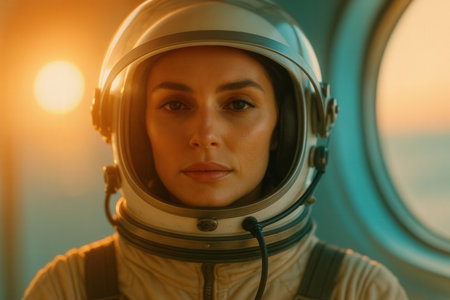 Portrait of a beautiful young woman in a helmet of an astronaut.の素材