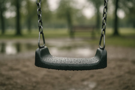 Close up of a swing in a playground with water droplets.の素材