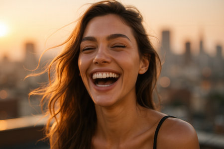 Close up portrait of a happy young woman laughing and looking at the camera outdoorsの素材