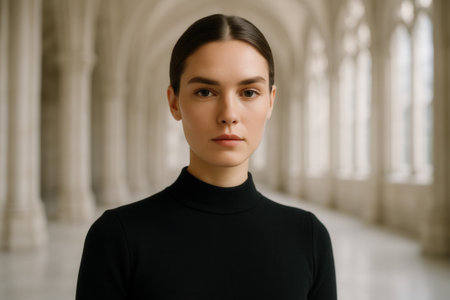 Portrait of a beautiful young woman in a black turtleneck.の素材
