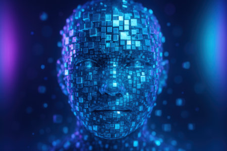 cyborg head with glowing particles on blue backgroundの素材