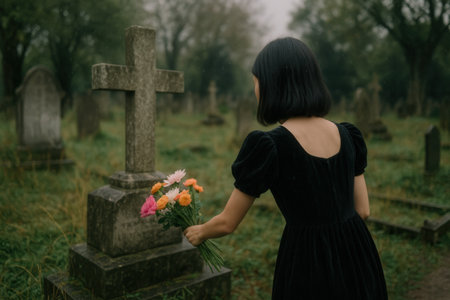 Girl in a black dress with a bouquet of flowers in the cemeteryの素材