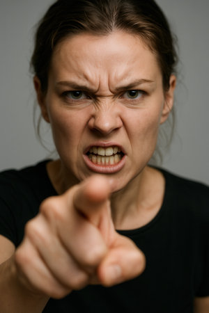 Angry young woman pointing at camera.の素材