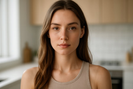 Portrait of serious young woman looking at camera while standing in kitchen at homeの素材