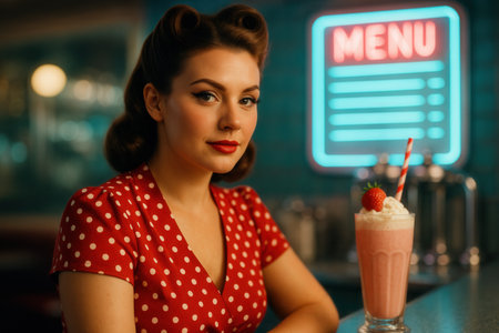 Retro pin-up girl drinking milkshake at bar counterの素材