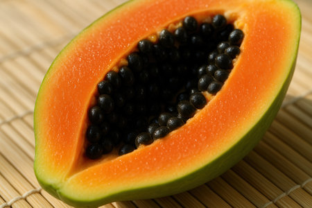 Papaya fruit on bamboo mat backgroundの素材