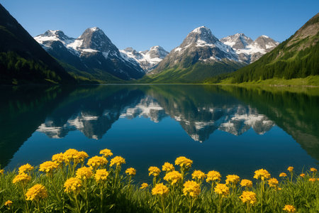 Mountain lake with reflection of snowcapped peaks and yellow flowersの素材