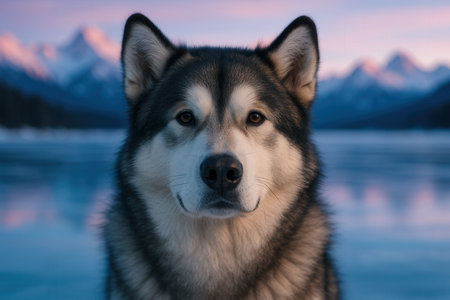Siberian Husky dog portrait on frozen lake at sunset.の素材