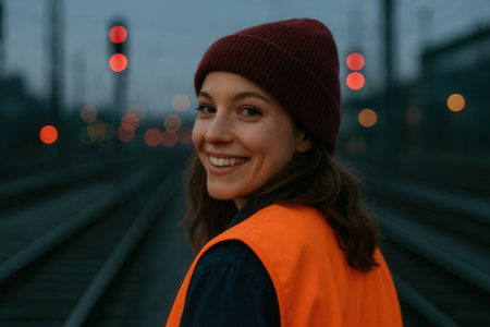 Portrait of a beautiful young woman in an orange jacket and a hat on the background of the railway.の素材