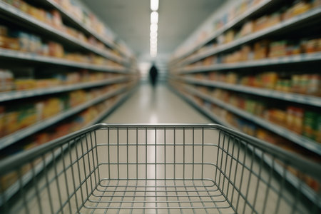 Empty shopping cart in supermarket with blurred background.の素材