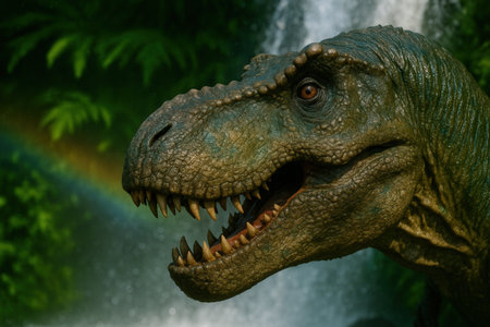 Tyrannosaurus Rex in the rainforest with rainbow in the backgroundの素材