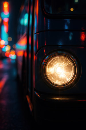 Car headlight on the road in the city at night, close upの素材