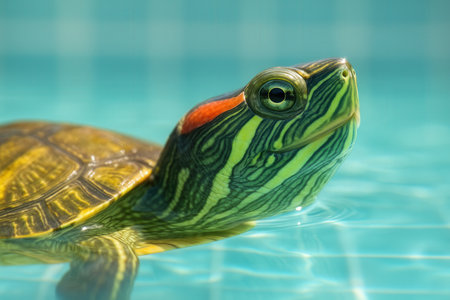 Turtle swimming in a pool, close-up of a turtleの素材