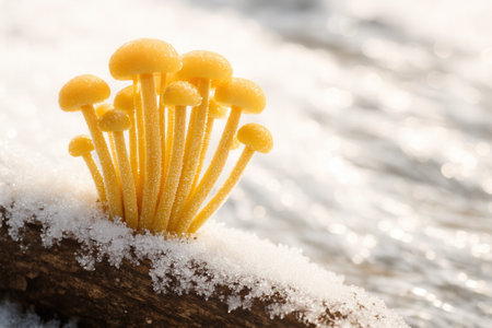 Yellow mushrooms in the snowの素材