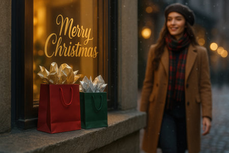 Merry Christmas and Happy New Year. Beautiful young woman with shopping bags in the city.の素材