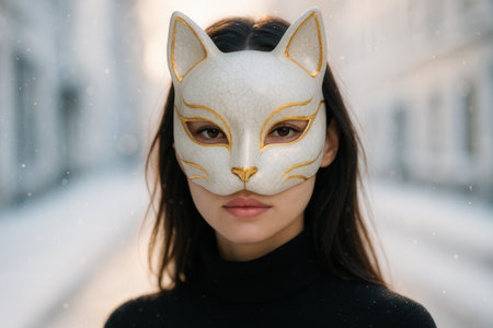 Beautiful young brunette woman in a carnival mask on the street.の素材
