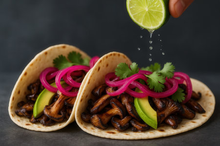 Mexican tacos with shiitake mushrooms and red onion on black backgroundの素材