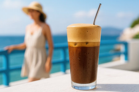 Iced coffee on the terrace near the sea.の素材