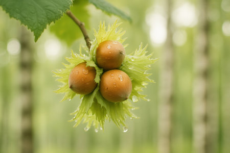 Hazelnuts on the tree with drops of water after the rainの素材